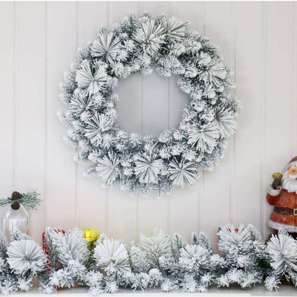 Holiday Time Snowy White and Green Wreath
